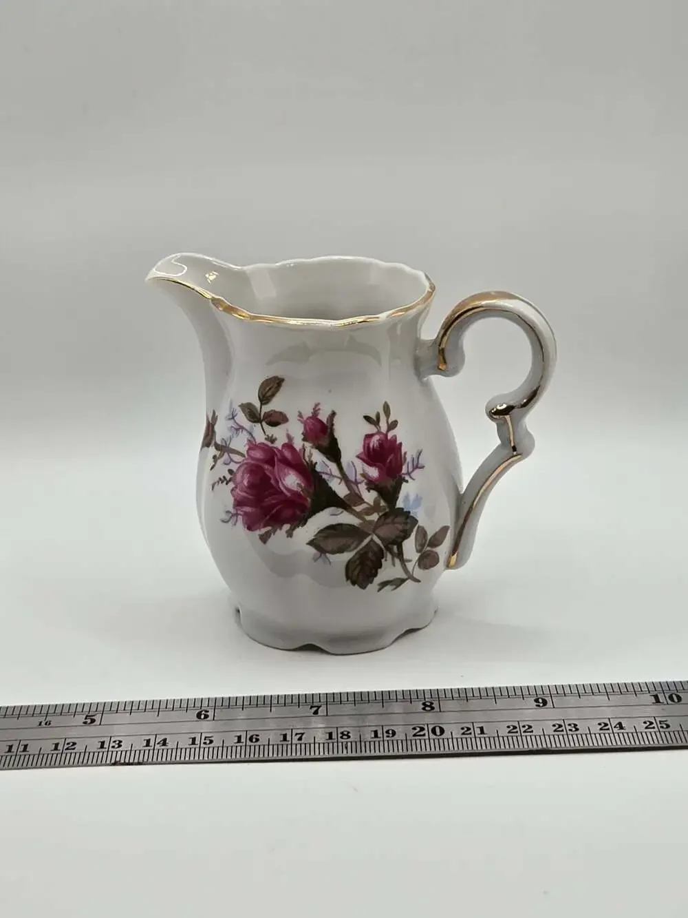 Vintage Japanese Fine Porcelain Moss Rose Floral Creamer with Gold Trim